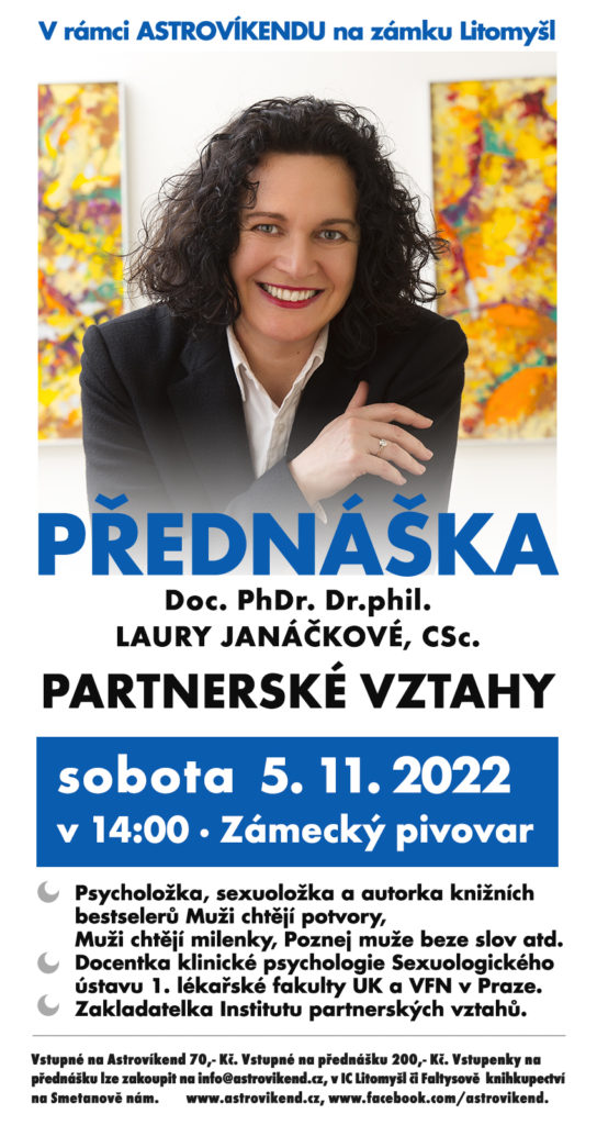 Doc. PhDr. Dr.phil. Laura Janáčková, CSc.: Partnerské vztahy (sobota 5. 11. 2022 v 14:00, Zámecký pivovar, Litomyšl)