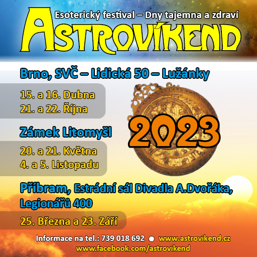Termíny Astrovíkendu 2023: Brno 15.–16. dubna a 21.–22. října, Litomyšl 20.–21. května a 4.–5. listopadu, Příbram 25. března a 23. září